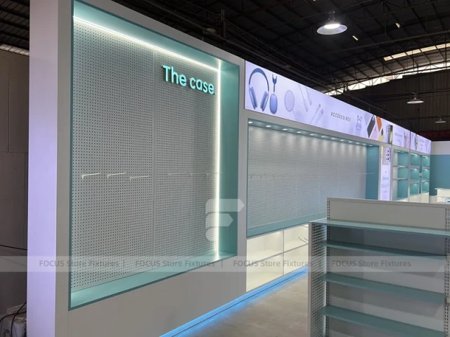 White Turquoise Phone Gondola Shelving Unit