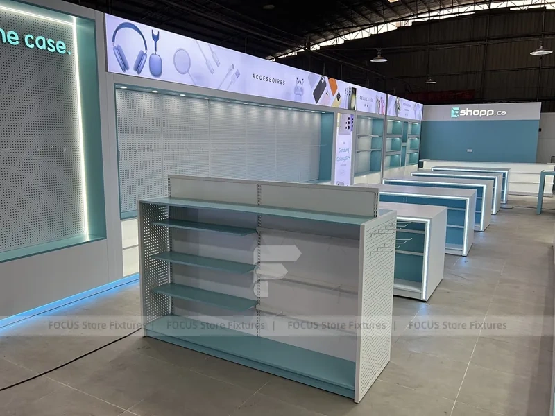 White Turquoise Phone Gondola Shelving Unit