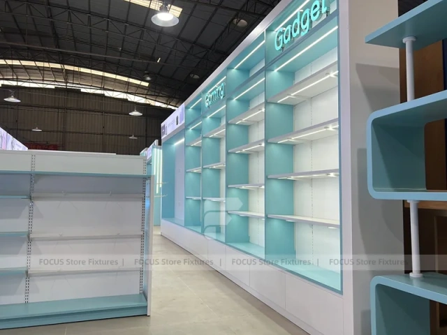 White Turquoise Phone Gondola Shelving Unit