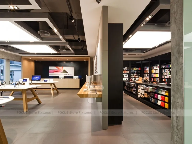 Wood Black Mobile Electronics Store Interior