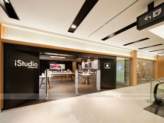 Wood Black Mobile Electronics Store Interior