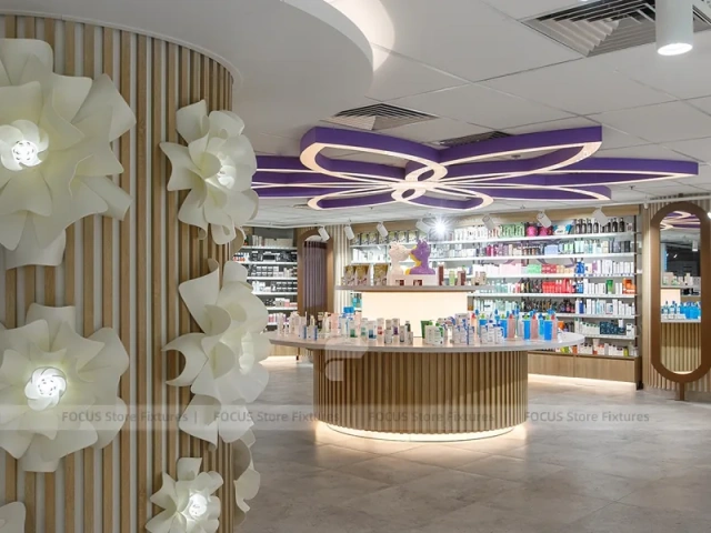 Wood Slat Beauty Store with Flower Wall