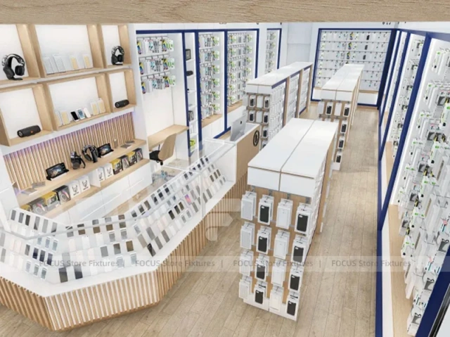 Wood White Curved Mobile Phone Store Interior