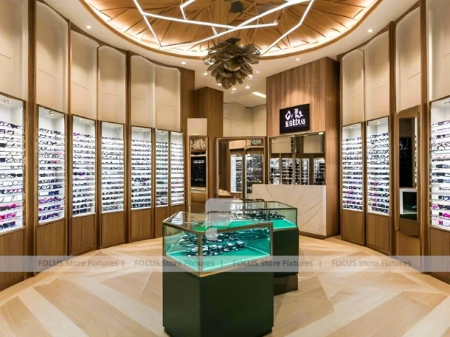 Amber Oak Eyewear Showcase Room with Emerald Demo Island