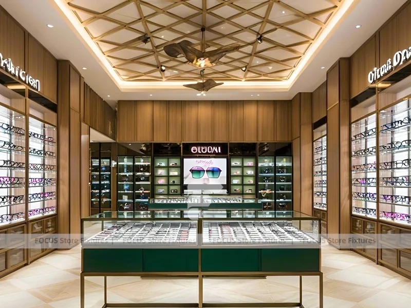 Amber Oak Eyewear Showcase Room with Emerald Demo Island
