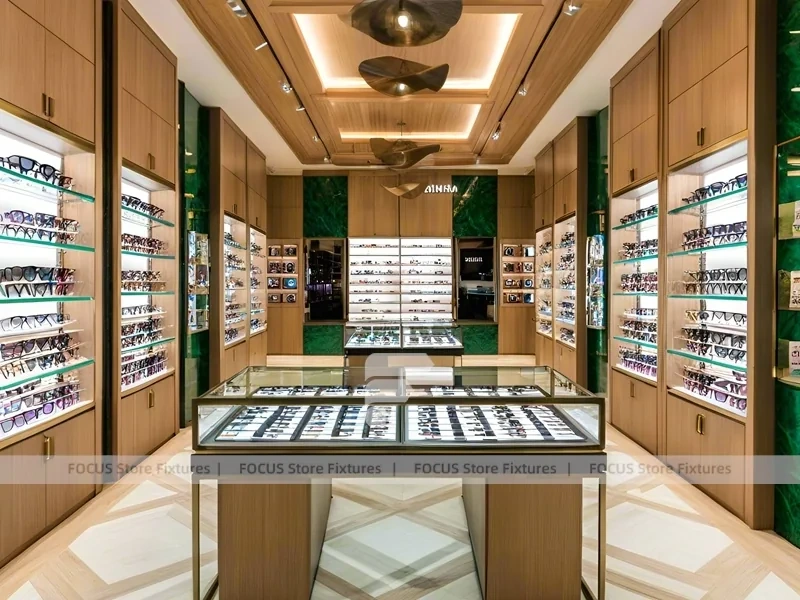 Amber Oak Eyewear Showcase Room with Emerald Demo Island