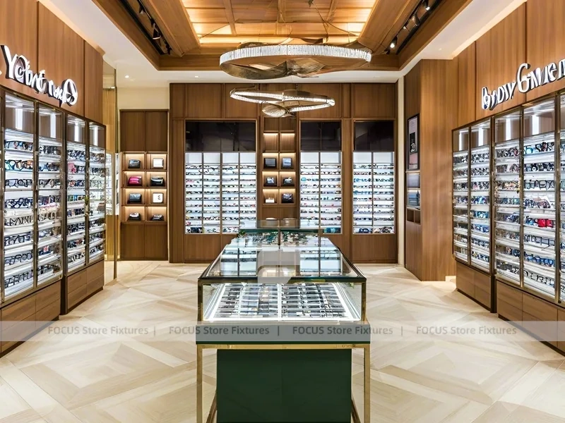 Amber Oak Eyewear Showcase Room with Emerald Demo Island