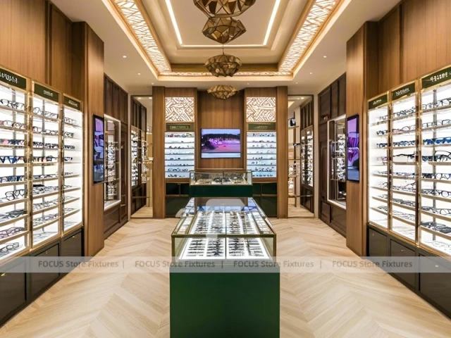 Amber Oak Eyewear Showcase Room with Emerald Demo Island