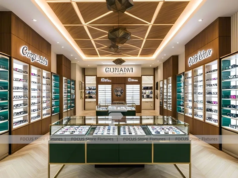 Amber Oak Eyewear Showcase Room with Emerald Demo Island