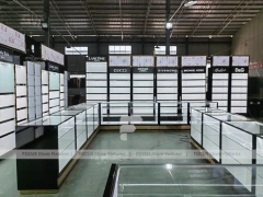 Black Branded Perfume Wall System With Glass Islands