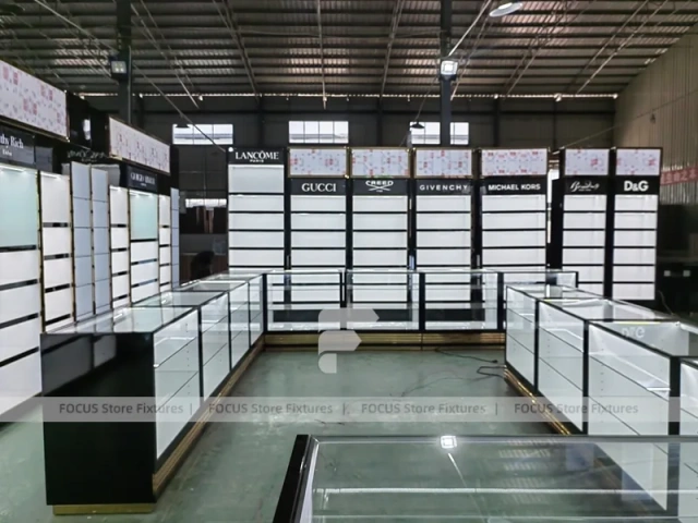 Black Branded Perfume Wall System With Glass Islands