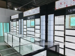 Black Branded Perfume Wall System With Glass Islands