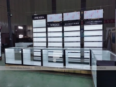 Black Branded Perfume Wall System With Glass Islands