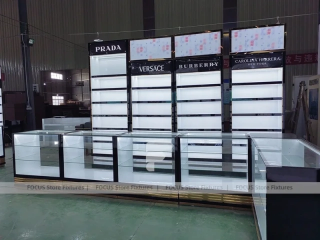 Black Branded Perfume Wall System With Glass Islands