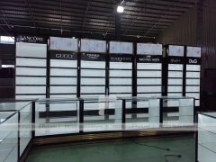 Black Branded Perfume Wall System With Glass Islands