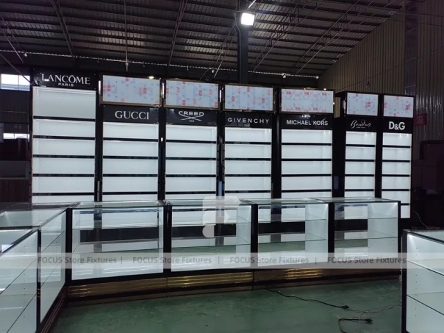 Black Branded Perfume Wall System With Glass Islands