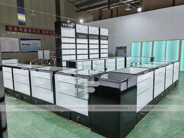 Black Branded Perfume Wall System With Glass Islands
