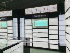 Black Branded Perfume Wall System With Glass Islands