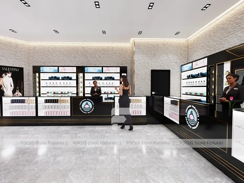 Black Fragrance Wall Display With Illuminated Tester Cabinets