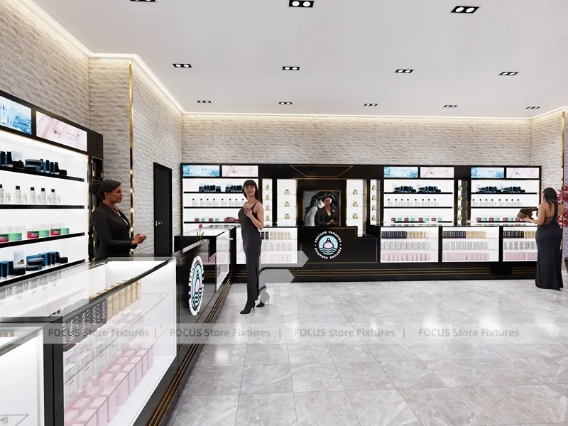 Black Fragrance Wall Display With Illuminated Tester Cabinets