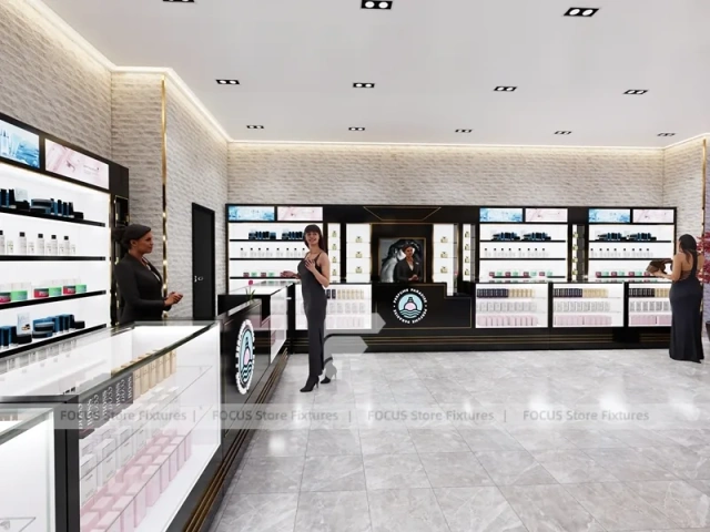Black Fragrance Wall Display With Illuminated Tester Cabinets