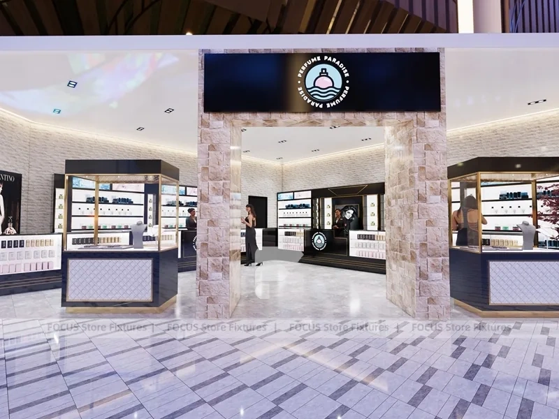 Black Fragrance Wall Display With Illuminated Tester Cabinets
