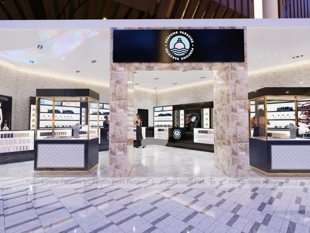 Black Fragrance Wall Display With Illuminated Tester Cabinets