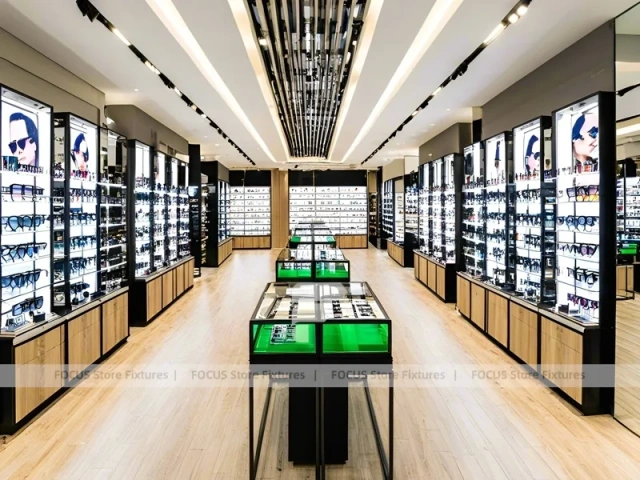 Black Frame Eyewear Display Hall with Central Demo Tables
