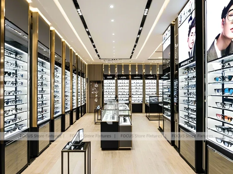 Black Frame Eyewear Display Hall with Central Demo Tables