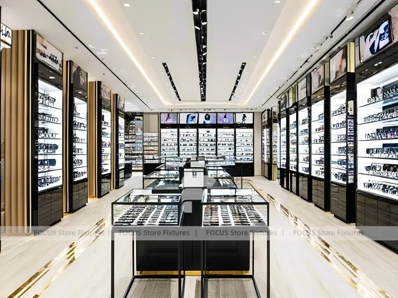 Black Frame Eyewear Display Hall with Central Demo Tables