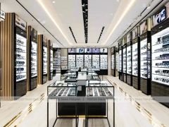 Black Frame Eyewear Display Hall with Central Demo Tables