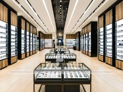 Black Frame Eyewear Display Hall with Central Demo Tables