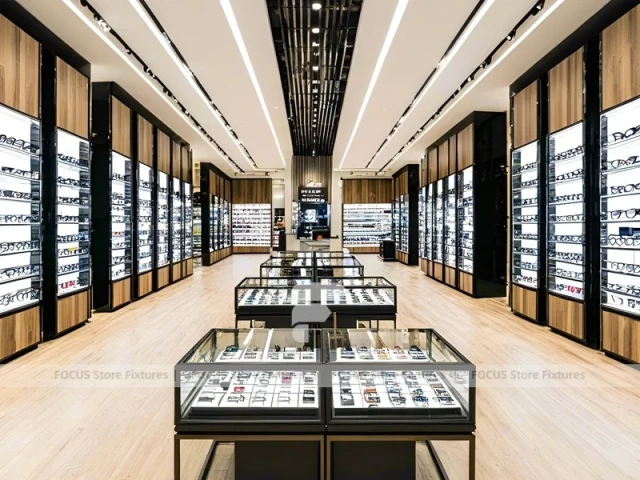 Black Frame Eyewear Display Hall with Central Demo Tables