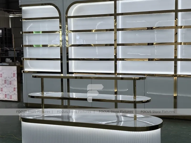 Black Gold Perfume Feature Wall With Fluted Counter