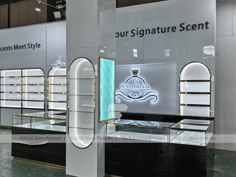 Black Gold Perfume Feature Wall With Fluted Counter