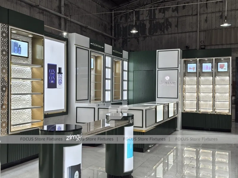 Black Gold Perfume Wall System With Tester Podiums