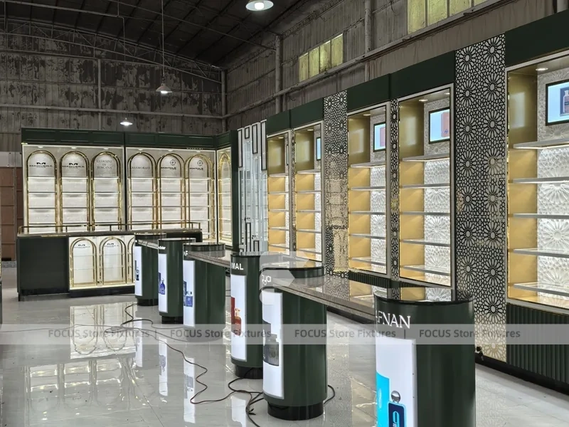 Black Gold Perfume Wall System With Tester Podiums