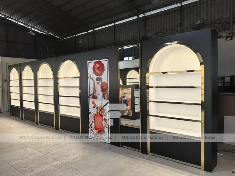 Black Perfume Arch Logo Display Wall