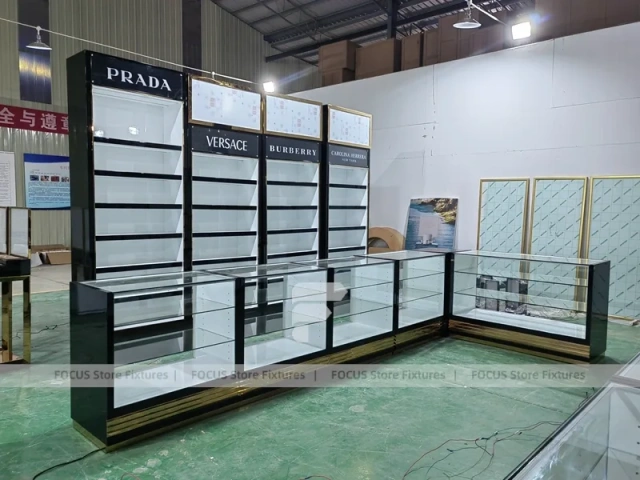 Black Perfume Display Wall With Glass Counter