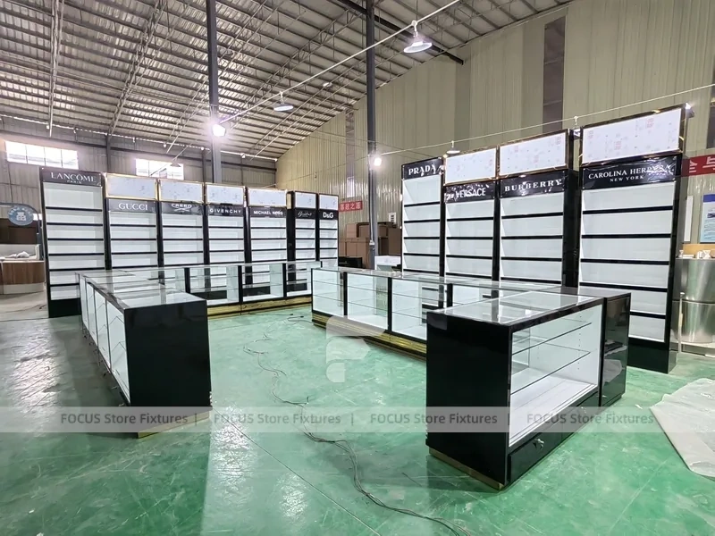Black Perfume Display Wall With Glass Counter