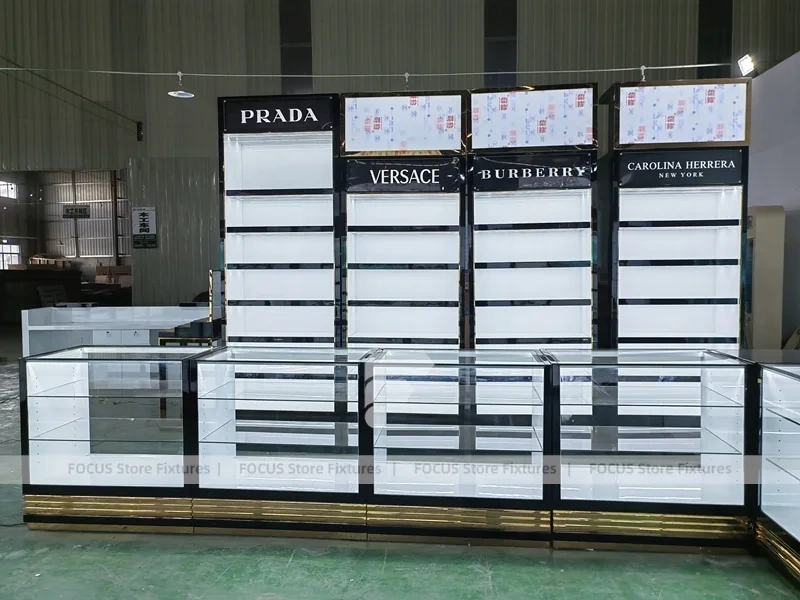 Black Perfume Display Wall With Glass Counter