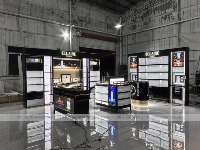 Black Perfume Kiosk With Illuminated Brand Frames