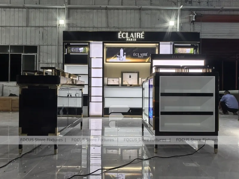 Black Perfume Kiosk With Illuminated Brand Frames