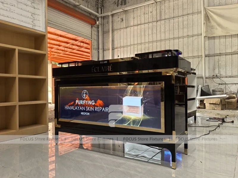 Black Perfume Kiosk With Illuminated Brand Frames