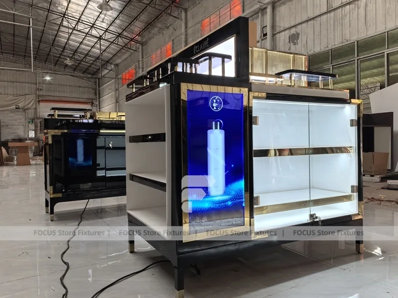 Black Perfume Kiosk With Illuminated Brand Frames