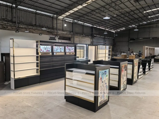 Black Perfume Wall Shelving With Glass Tester Island