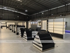 Black Perfume Wall Shelving With Glass Tester Island