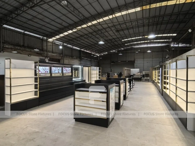 Black Perfume Wall Shelving With Glass Tester Island
