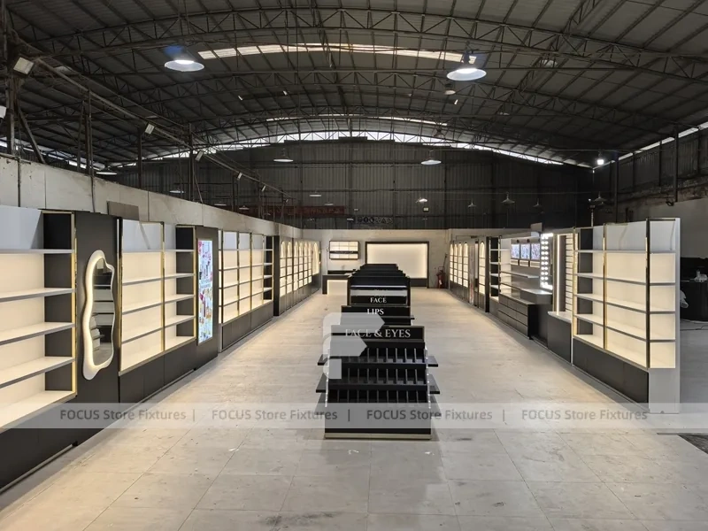 Black Perfume Wall Shelving With Glass Tester Island