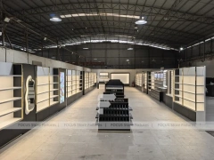Black Perfume Wall Shelving With Glass Tester Island